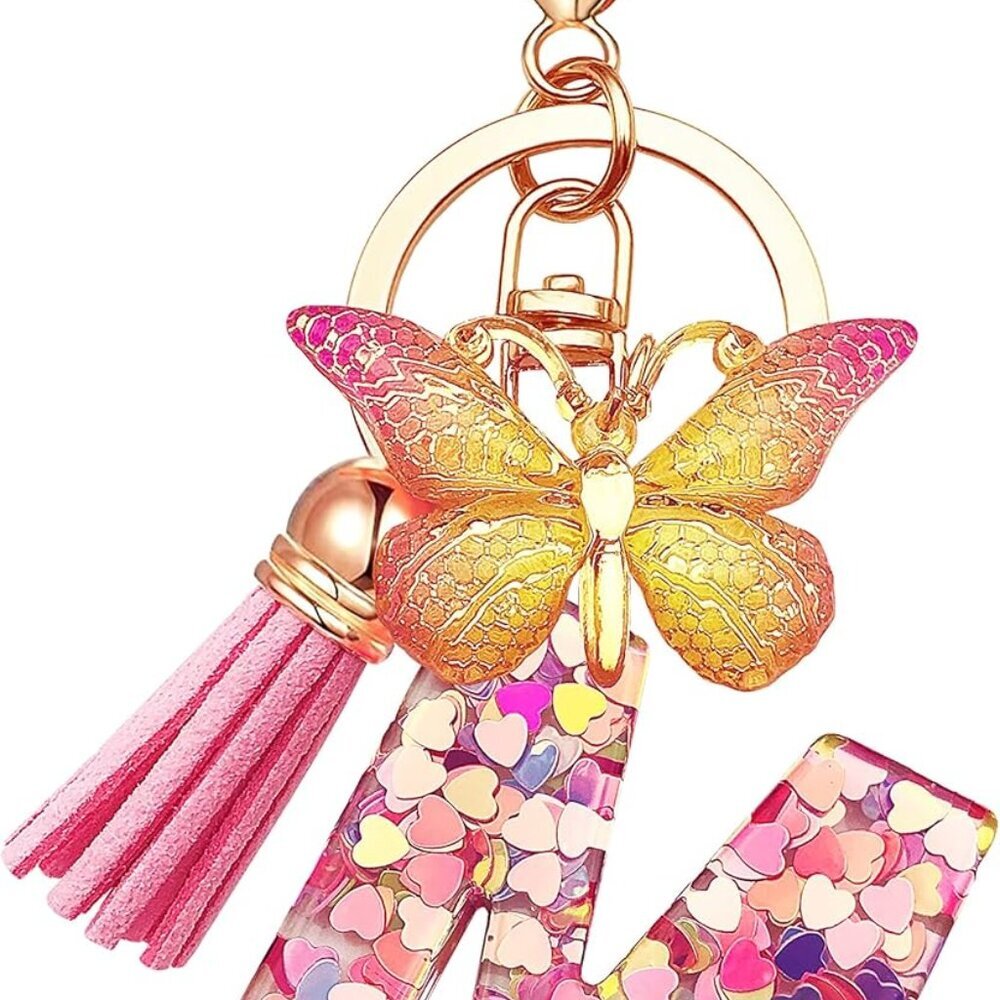 Initial letter Keychains for Women Tassel Butterfly Pink Purple Cute Car Keychai